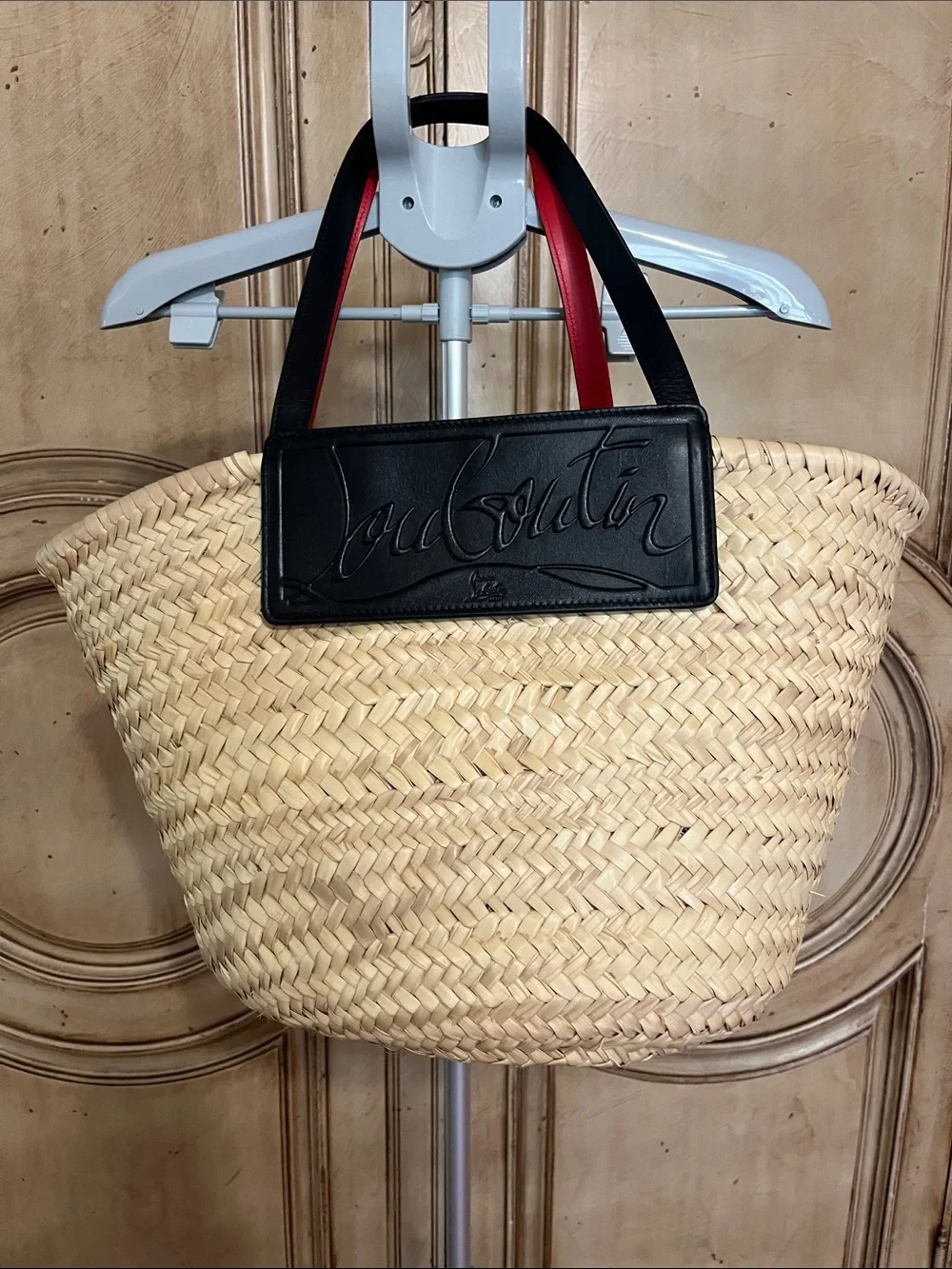 Christian Louboutin Natural Straw Tote with Black Trim and Red Strap Accents